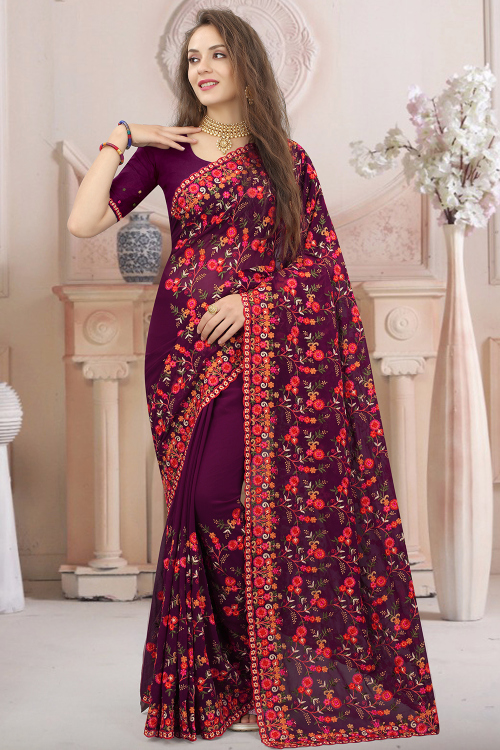 Georgette Burgundy Maroon Light Weight Embroidered Saree