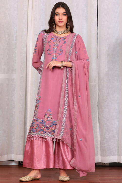 Georgette Carnation Pink Embroidered Straight Cut Palazzo Suit 