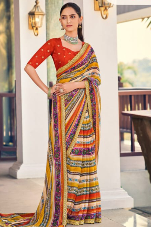Georgette Carrot Orange Printed Light Weight Saree