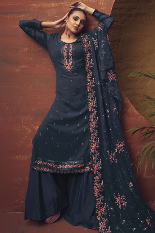Georgette Charcoal Grey Embroidered Straight Cut Palazzo 