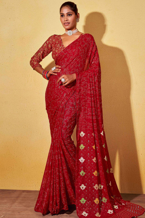 Georgette Cherry Red Printed Light Weight Saree