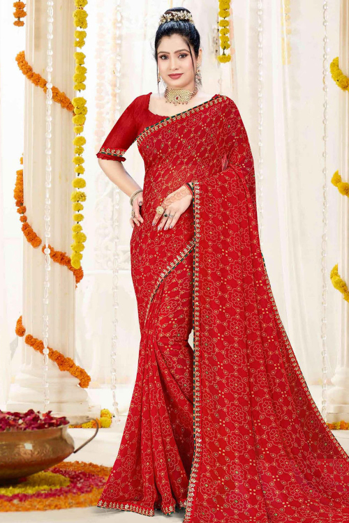 Georgette Cherry Red Saree With Bandhej Print Work For Navratri