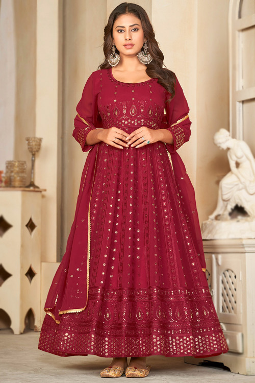 Georgette Chilly Red Sequins Embroidered Anarkali Suit