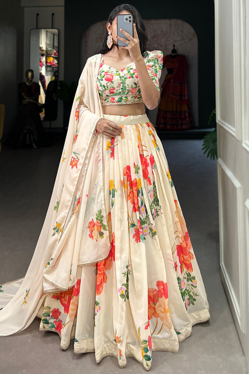 Georgette Cream Beige Lehenga with Printed Work for Diwali