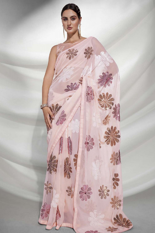 Georgette Creamy Pink Embroidered Party Wear Saree