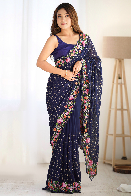 Georgette Dark Blue Embroidered Light Weight Saree