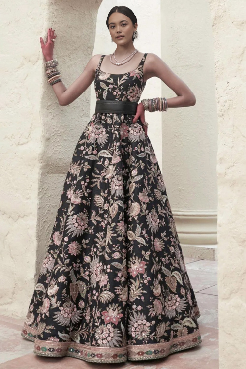 Black Sequins Embroidery Silk Gown for Party Events