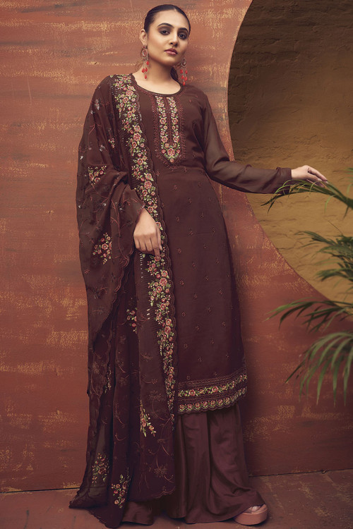 Georgette Dark Brown Embroidered Straight Cut Palazzo suit