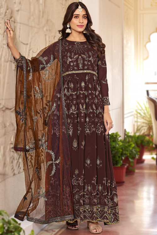 Georgette Dark Brown Zari Embroidered A Line Anarkali Suit