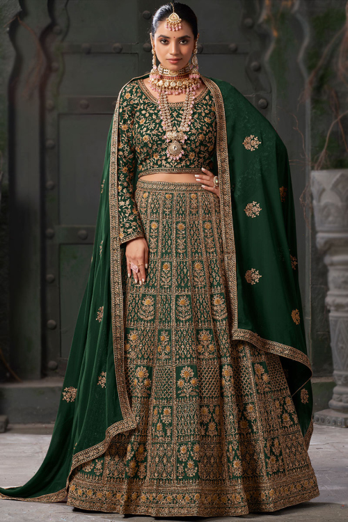 Georgette Dark Green Shade Embroidered Panelled Style Lehenga