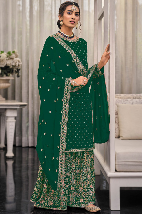 Georgette Dark Green Embroidered Straight Cut Sharara Suit