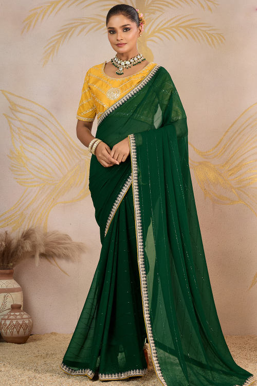 Georgette Dark Green Saree With Lace Work for Wedding
