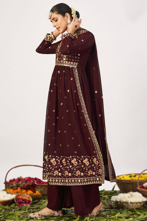 Georgette Dark Maroon Embroidered Palazzo Suit