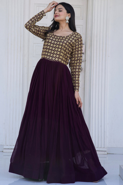 Georgette Dark Purple Sequins Embroidered Gown for Wedding 