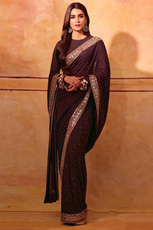 Georgette Dark Purple Sequins Embroidered Heavy Saree