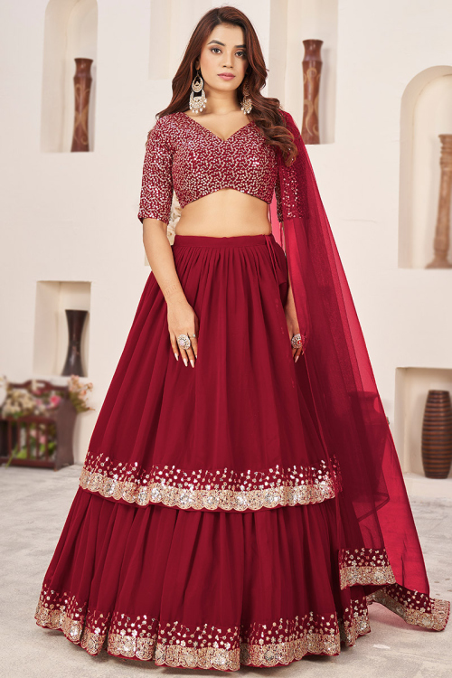 Georgette Deep Red Sequins Embroidered Layered Style Lehenga 