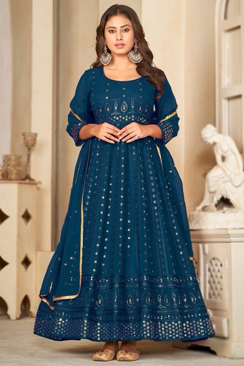 Buy Blue Anarkali Suit Set In Georgette With A Floral Pattern KALKI Fashion  India