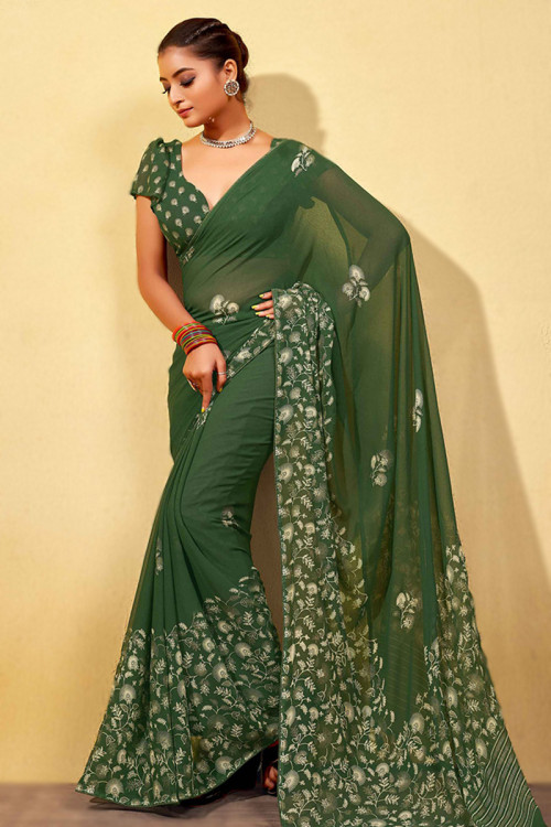Georgette Dusty Green Printed Casual Wear Saree