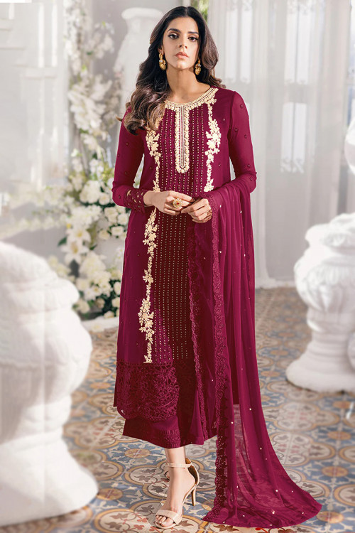 Georgette Embroidered Burgundy Maroon Palazzo Suit
