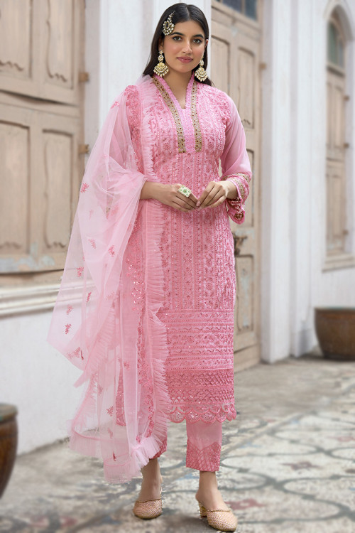 Georgette Embroidered Light Pink Straight Cut Trouser Suit