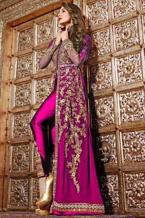 Georgette Embroidered Magenta Pink Cigarette Pants Suit 