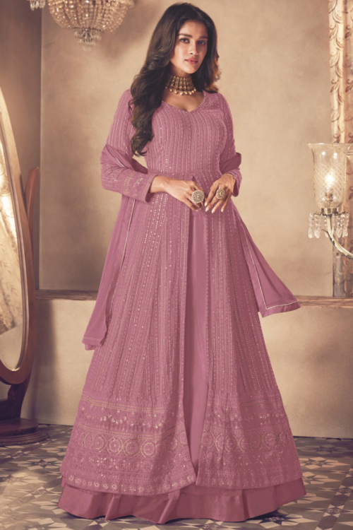 Georgette Embroidered Mauve Pink Long Choli Lehenga 