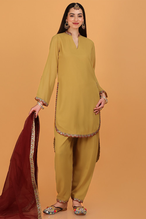 Georgette Embroidered Mustard Yellow High And Low Salwar Suit