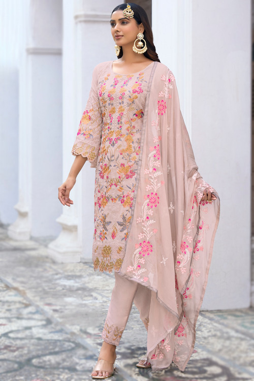 Georgette Embroidered Pale Pink Straight Cut Trouser Suit 