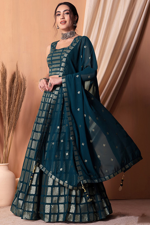 Georgette Embroidered Prussian Blue Flared Style Lehenga