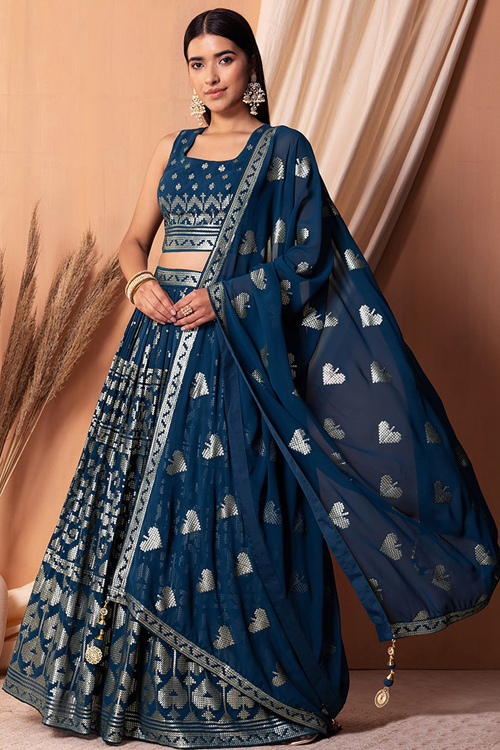 Georgette Embroidered Thread Work Prussian Blue Lehenga
