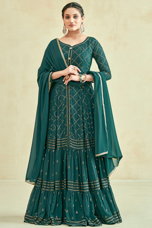 Georgette Embroidered Teal Green Festival Wear Anarkali Suit