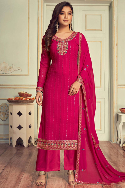 Georgette Embroidered Trouser Suit In Cerise Pink 