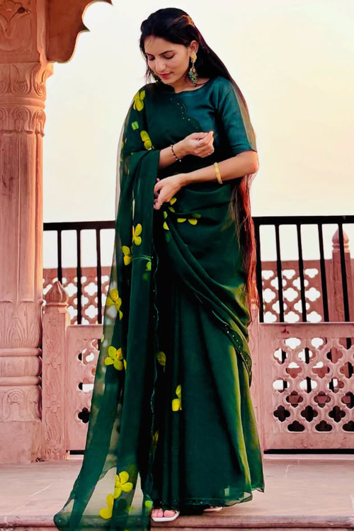 Georgette Emerald Green Saree with Printed Work for Navratri
