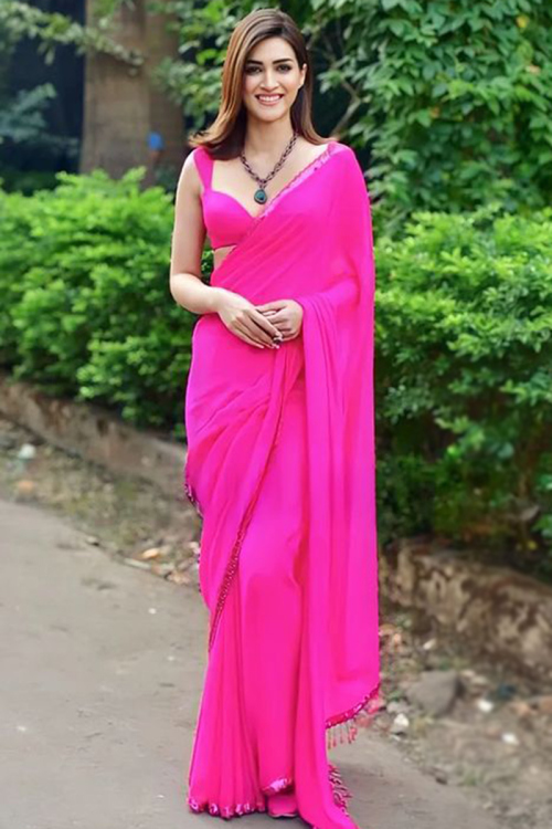 Georgette Fuchsia Pink Lace Embroidered Bollywood Saree