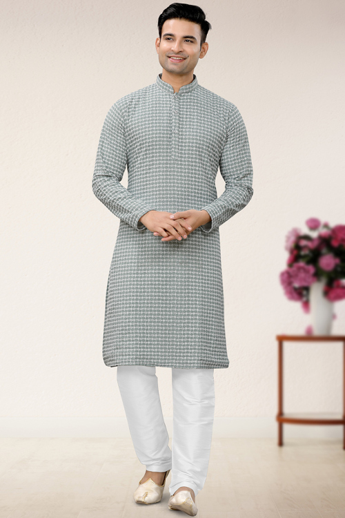 Georgette Grey Color Straight Cut Kurta Pajama for Men