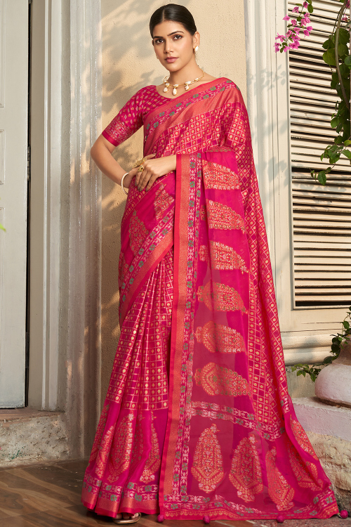 Georgette Hot Pink Saree with Weaved Work for Diwali Wear