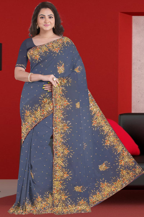Georgette Indian Saree In Bluish Grey Color
