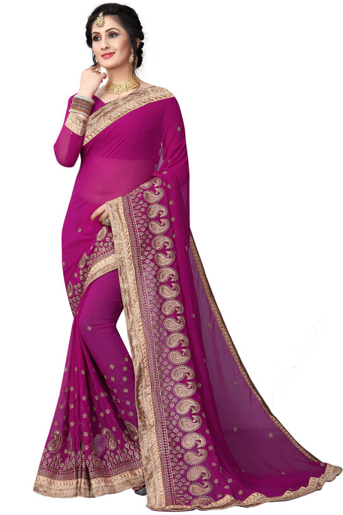 Georgette Indian Wedding Wear Saree In Magenta Color