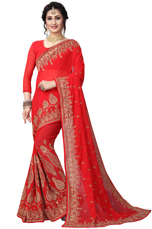 Georgette Indian Wedding Wear Saree In Tomato Red Color