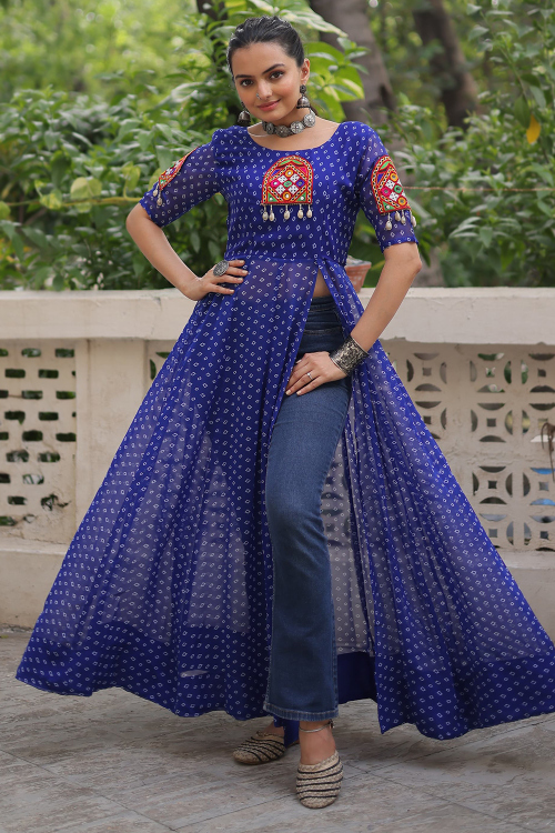 Georgette Indigo Blue Side Slit Printed Kurti For Navratri