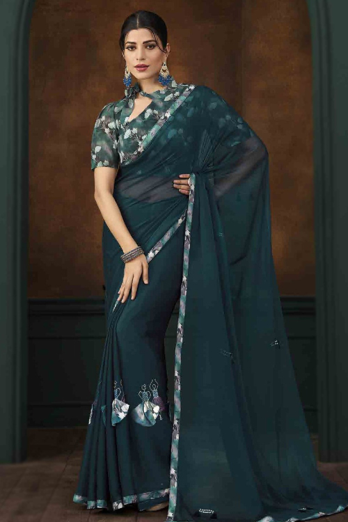 Georgette Lace Embroidered Teal Green Light Weight Saree 