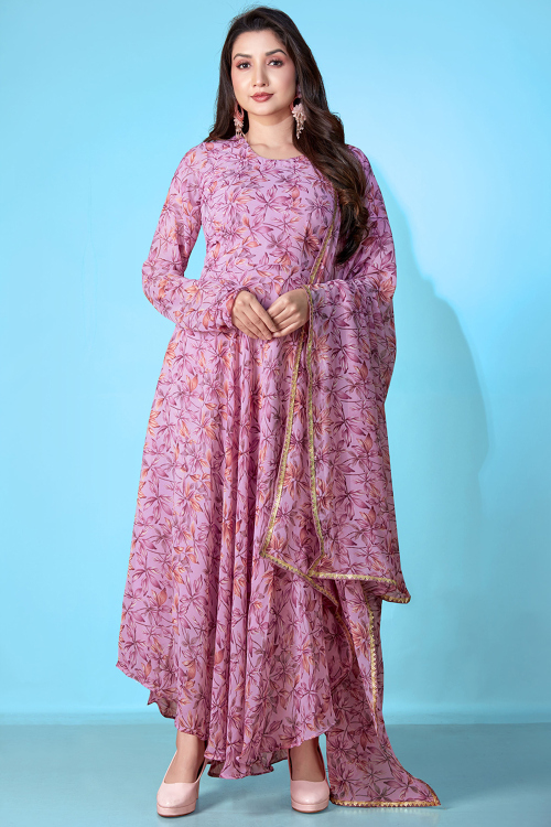 Georgette Lavender Pink Ready to Wear Anarkali Style Printed Gown