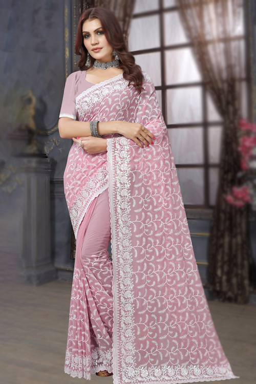 Exclusive Pastel Pink Georgette Embroidered Saree With Blouse