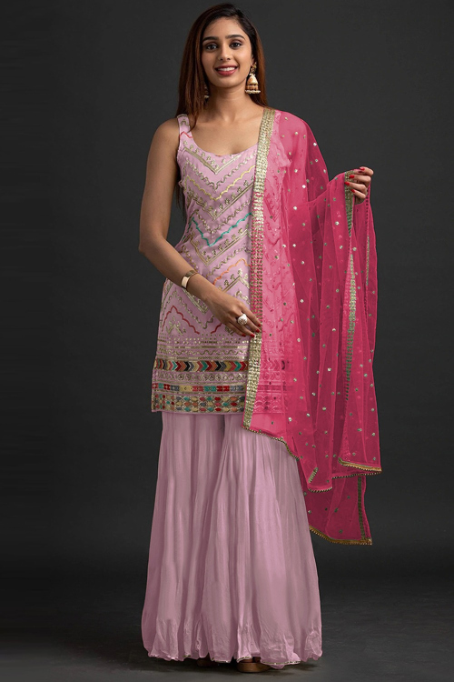 Georgette Lavender Pink Embroidered Straight Cut Suit for Wedding & Party