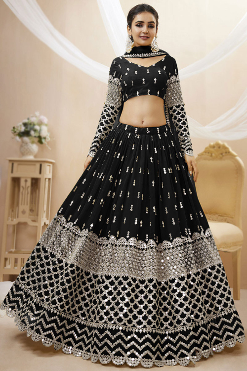 Georgette Lehenga in Black Embroidered Fabric 