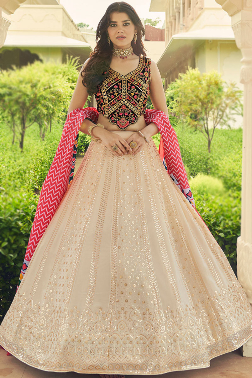 Georgette Light Beige Embroidered Panelled Style Lehenga