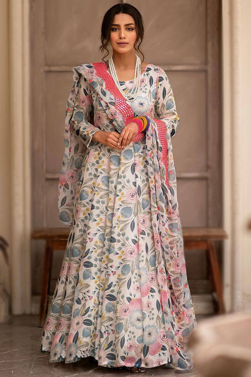 Georgette Light Beige Ready to Wear Printed Anarkali Style Gown