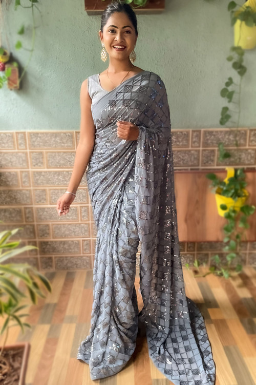 Georgette Light Grey Sequins Embroidered Heavy Saree