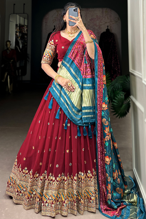 Georgette Light Maroon Lehenga with Zari Work for Diwali 