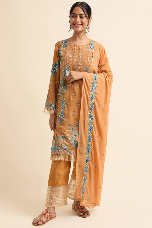 Georgette Light Orange Embroidered Suit With Straight Pants